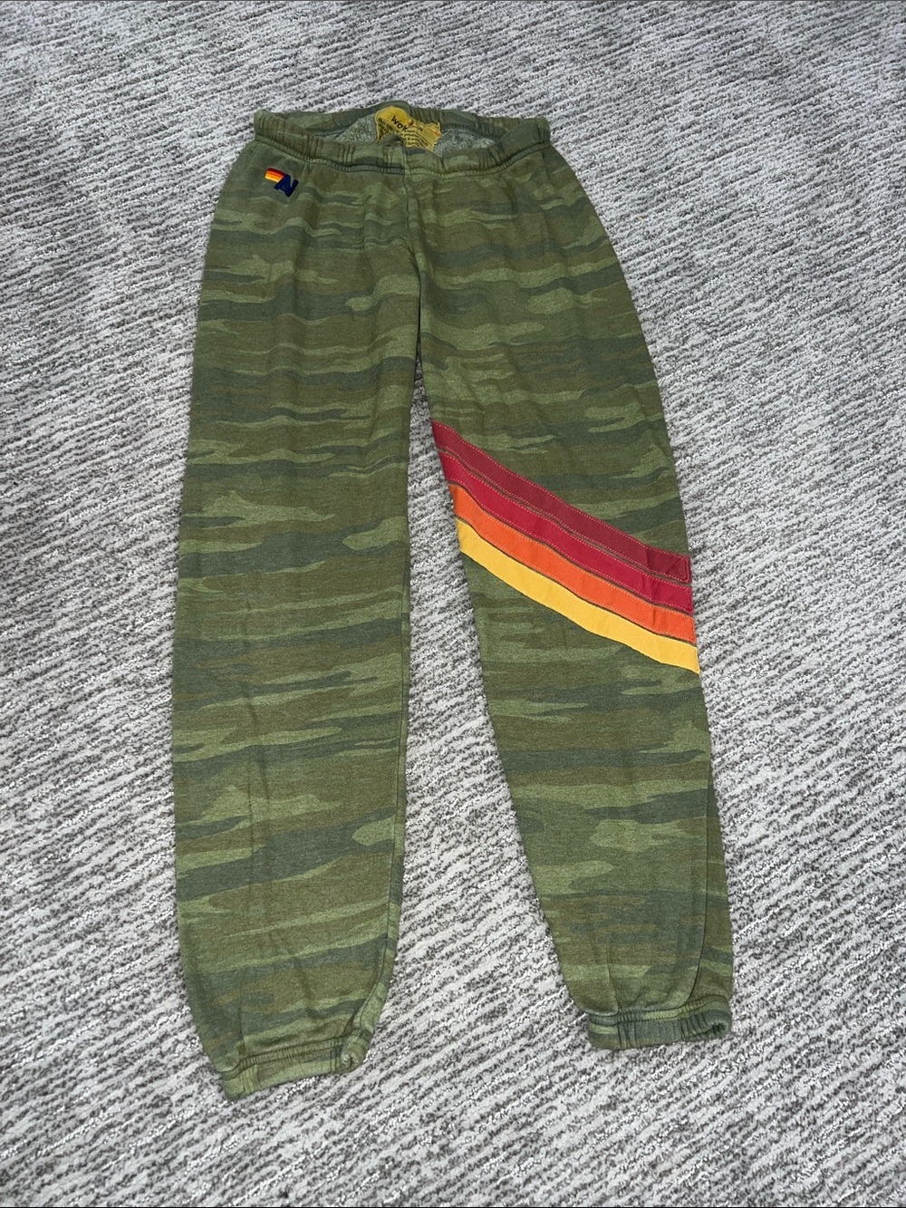 Aviator Nation Olive Camo Joggers with Red & Yellow Stripe Accents